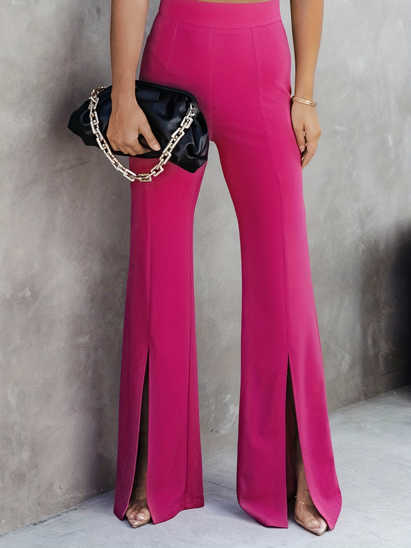 Womens Solid High Waist Flare Wide Leg Chic Trousers Bell Bottom