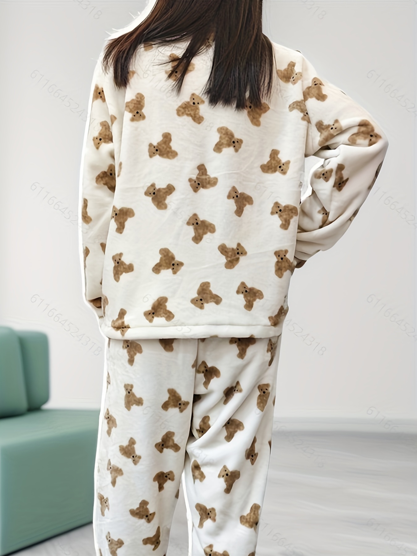 Teddy Bear Print Pajama Set Long Sleeve Buttons Top Fuzzy - Temu