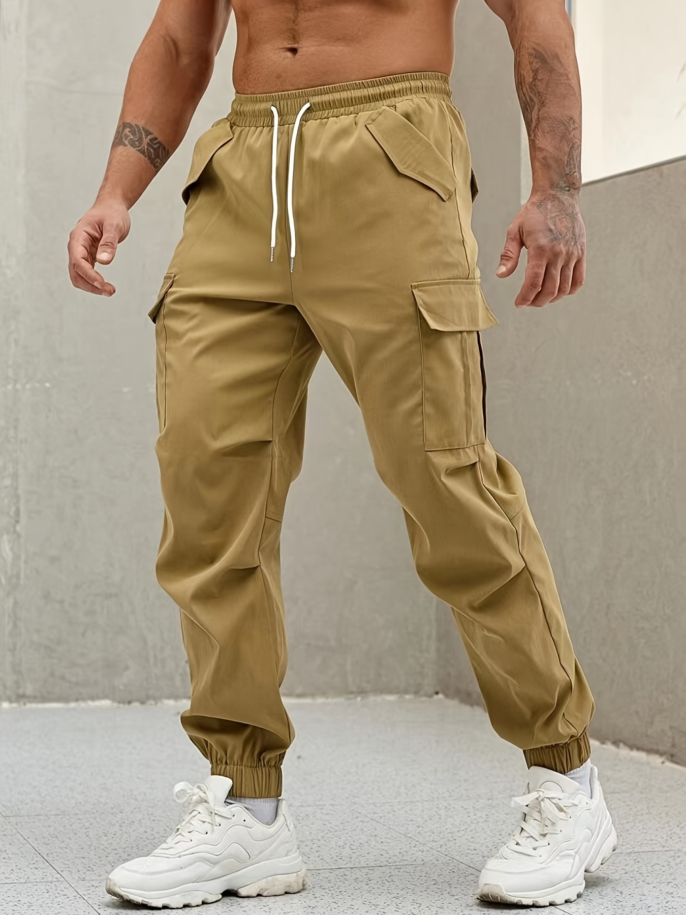 Pantalones cargo para hombre, de verano, casuales, holgados, con cordón en  la cintura, cónicos con múltiples bolsillos