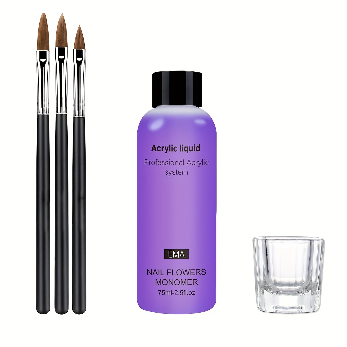 

75ml Acrylic Liquid Monomer Set, With 3pcs Nail Brushes And 1pcs Glass Cup For Acrylic Nail Extension
