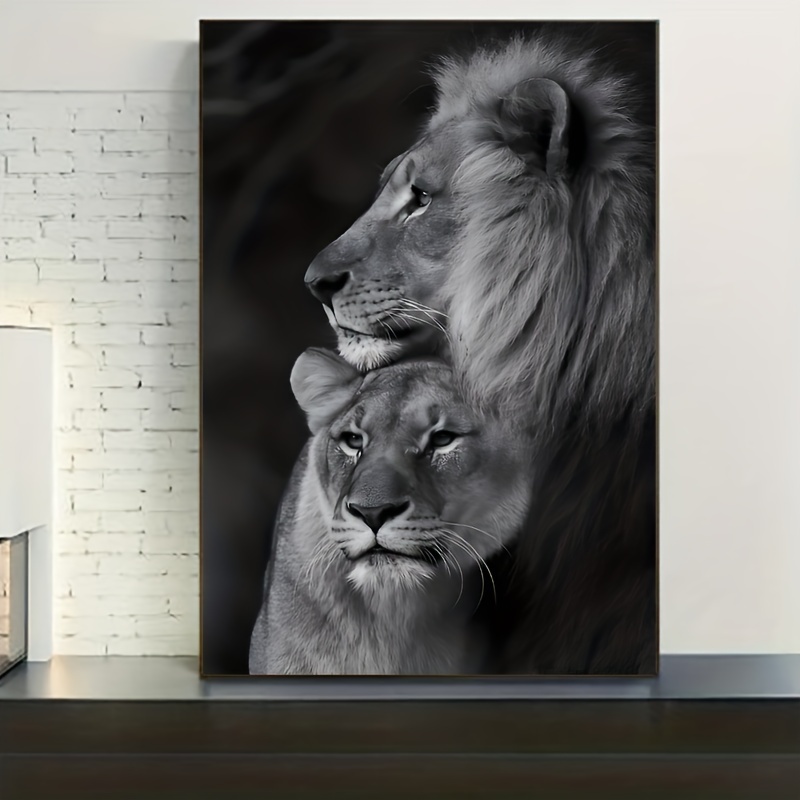  Arte de animales en blanco y negro Pintura en lienzo de la  familia del león bebé póster e impresiones de arte de pared para sala de  estar, decoración del hogar Cuadro 