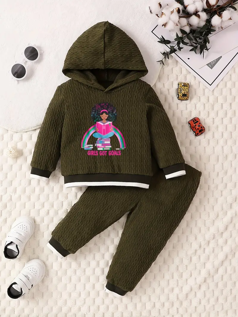 2pcs reading girl print outfit girls jacquard hoodie sweatpants set toddler kids clothes for spring fall details 0