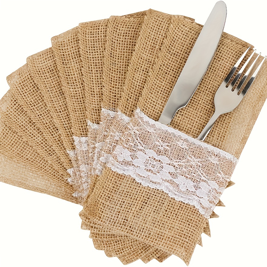 

10pcs/set, (4"x 8") Natural Burlap Lace Utensil Cutlery Holders Pouch Bags Knifes Forks Napkin Silverware Holder Bag For Rustic Wedding Party Bridal Shower Decorations