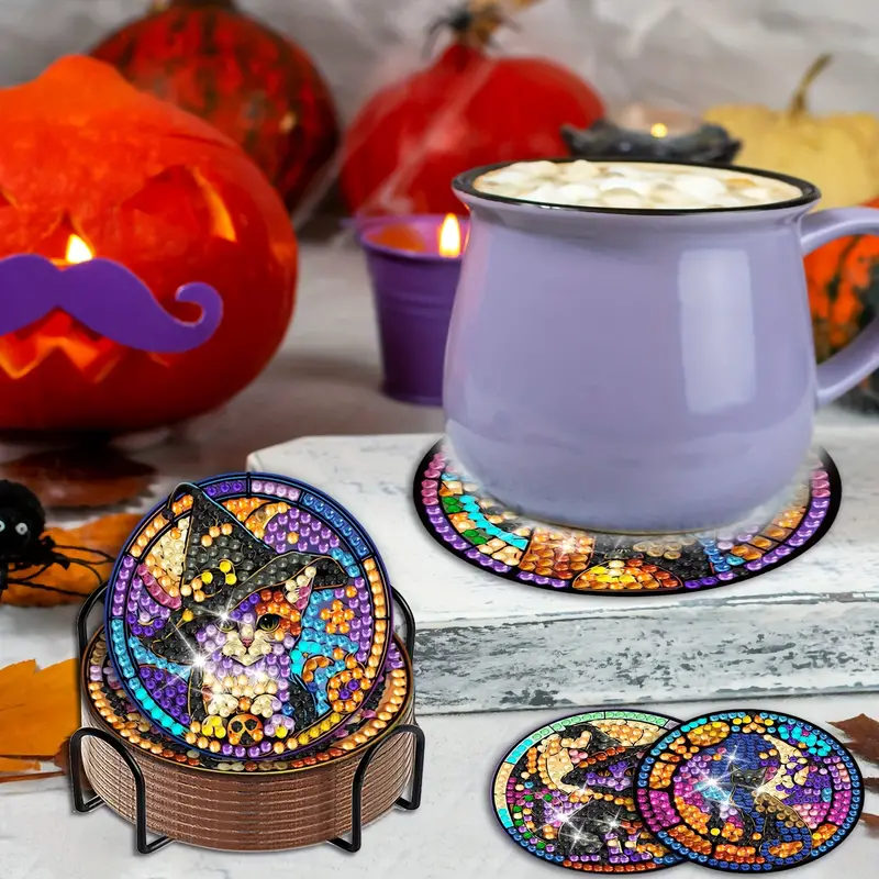 Halloween Magic Cat Diamond Painting Coasters With - Temu