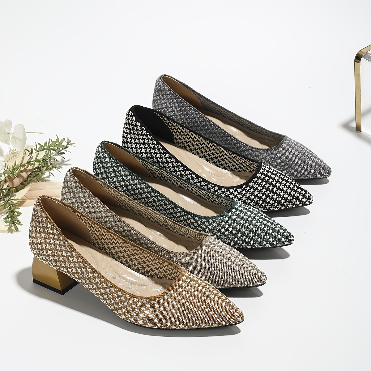 Women's Houndstooth Slip On Chunky Heels Lightweight Shoes