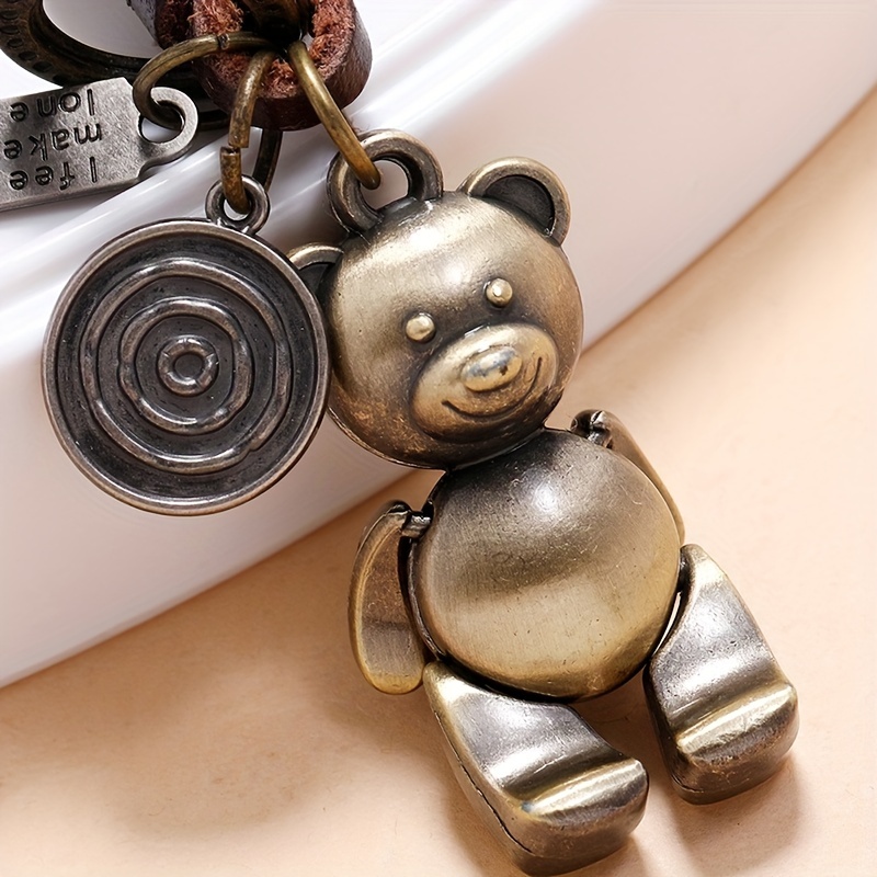 Hand And Foot Movable Cartoon Bear Cowhide Keychain For Men, Retro Woven  Genuine Leather Car Key Chain - Temu