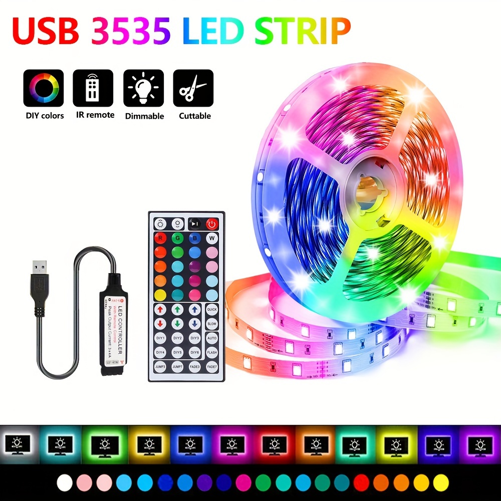  Tira de luces LED Tenmiro RGB, ultra largas, de 65.6 pies, tira  de luces LED 5050, luces LED flexibles que cambian de color, control remoto  IR de 44 teclas para dormitorio