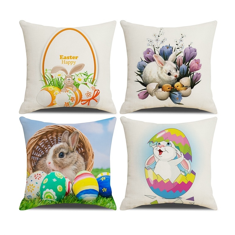 4pcs Easter Throw Pillow Cover Rabbit Chicken Egg Home Decoration