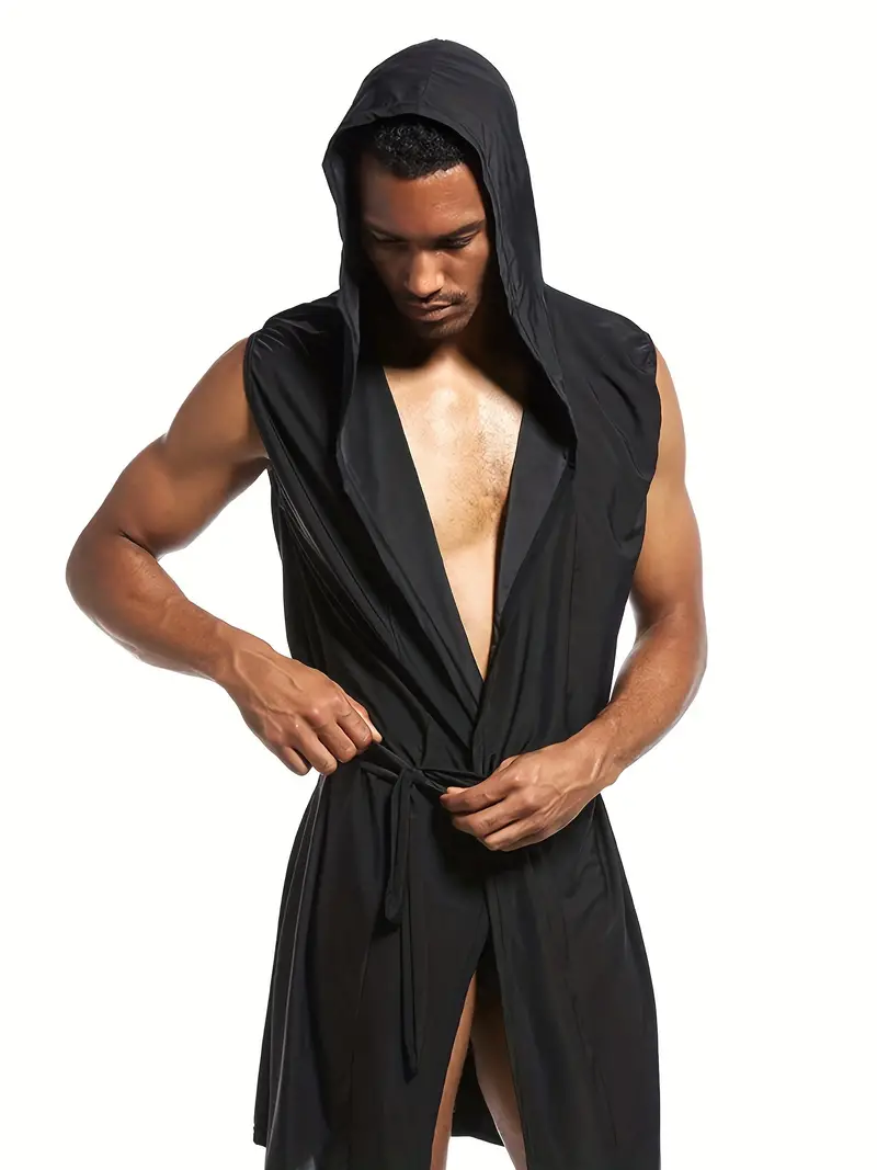 Men's Silk Kimono Bathrobe Hood Sleeveless Open Front - Temu