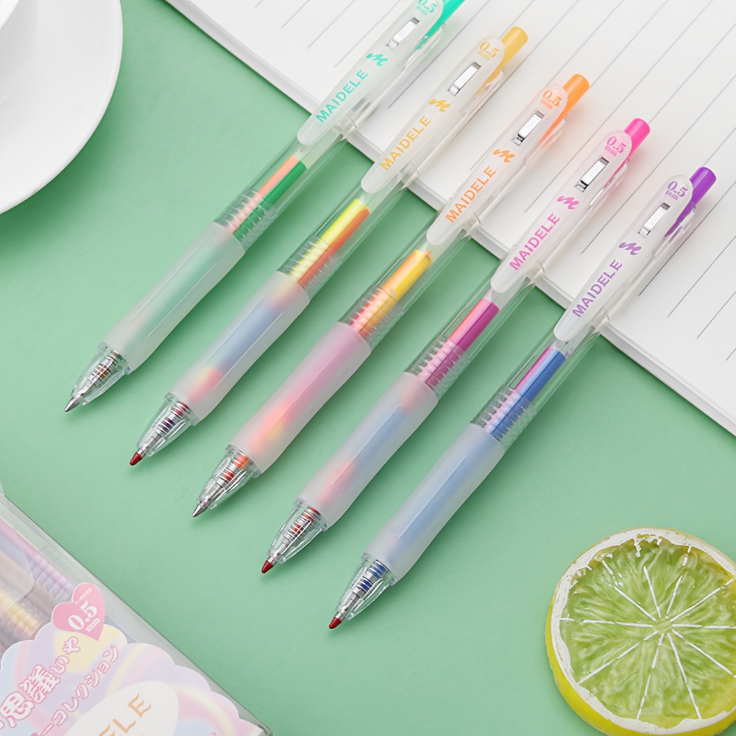 5pcs/set Macaron Black Press Colorful Ballpoint Pen, Cute Girls' School Pen