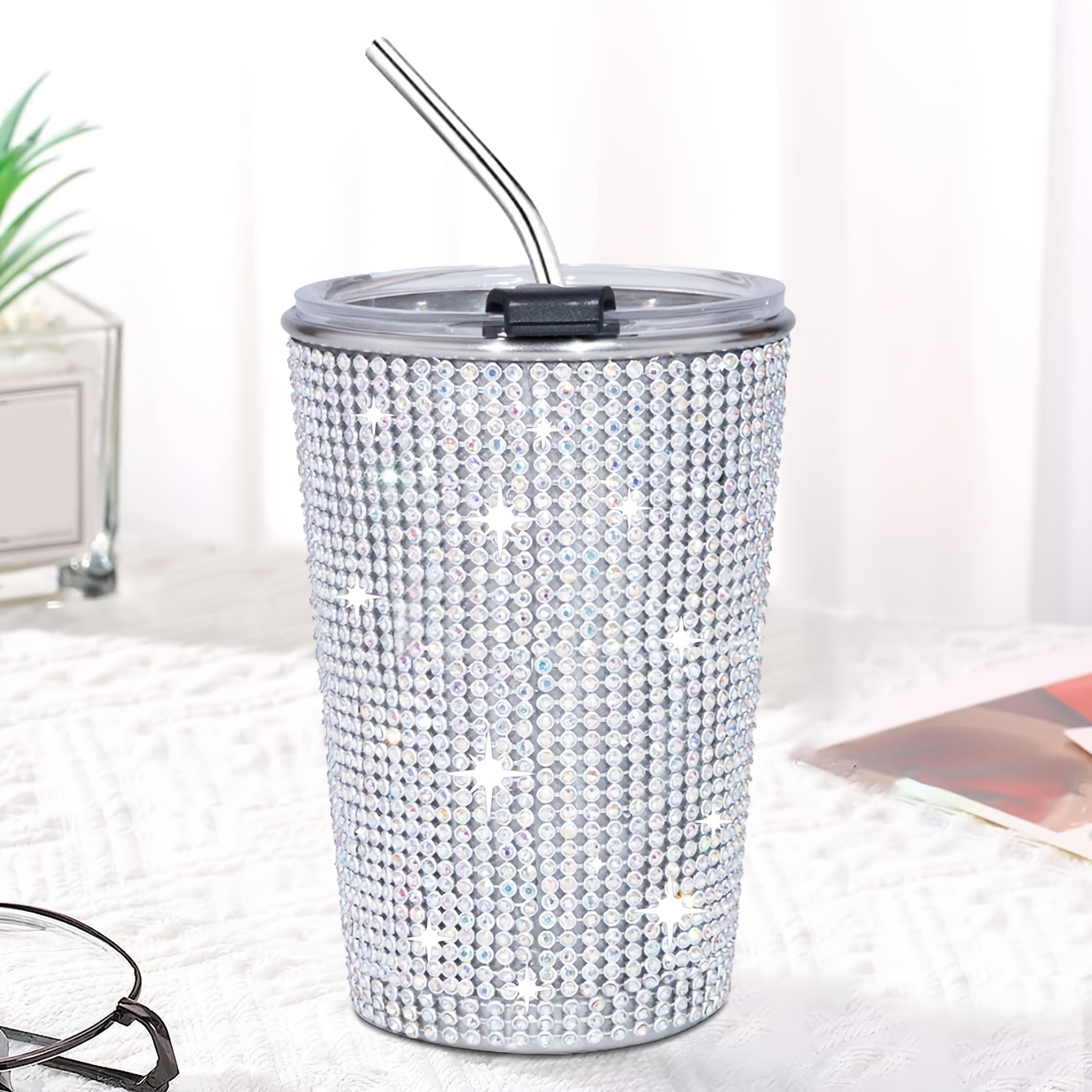 400ml Sparkling Stainless Steel Water Cup with Straw