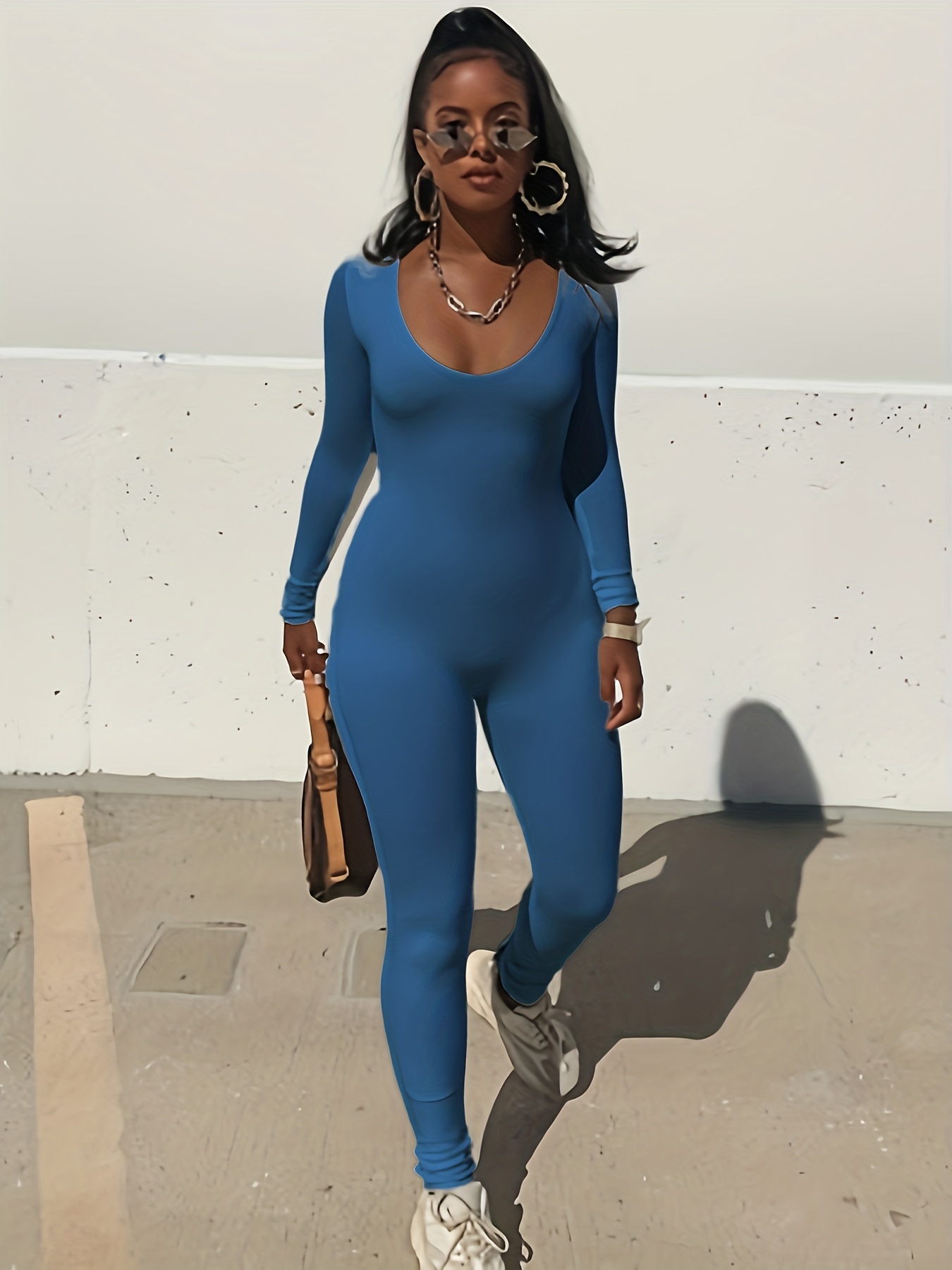 Solid U Neck Jumpsuit Casual Long Sleeve Bodycon Workout - Temu