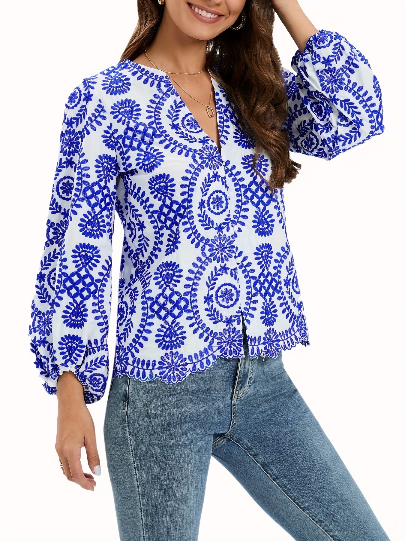 floral v neck blouse casual lantern long sleeve comfy blouse womens clothing