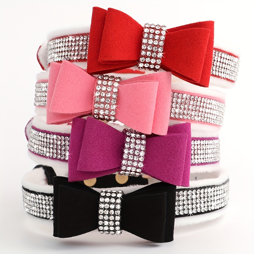 Pink Rhinestone Diamante Small Dog Collar Suede Bowknot for Puppy Cat Girl  Pet