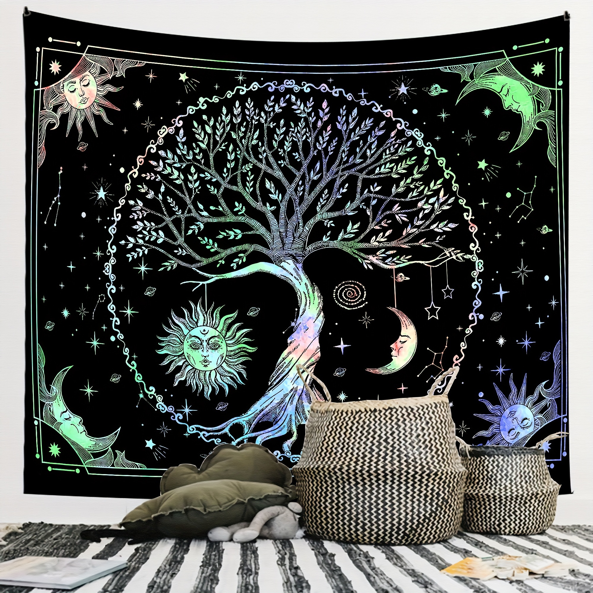 Aesthetic Tree of Life Tapestry Trippy Tapestry Wall Tapestry Hippie Sun  Moon Star Galaxy Tapestries Forest Wall Hanging Decor Vibrant Nature Home