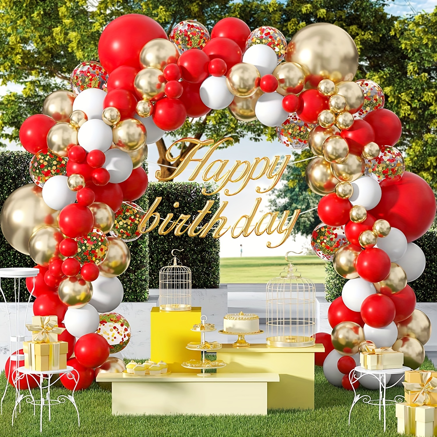 HOUSE OF PARTY Kit de arco de globos para el día de San Valentín, confeti  dorado, globos blancos y rojos, globos de Mylar para bodas, cumpleaños y