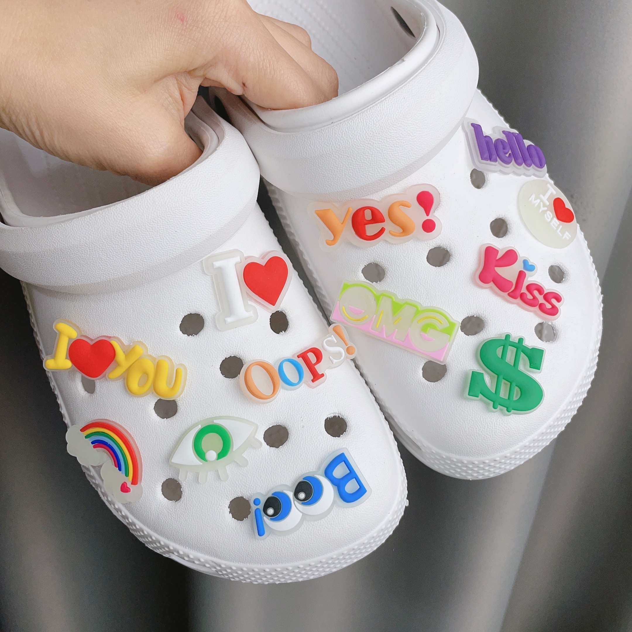 Rainbow store letter crocs