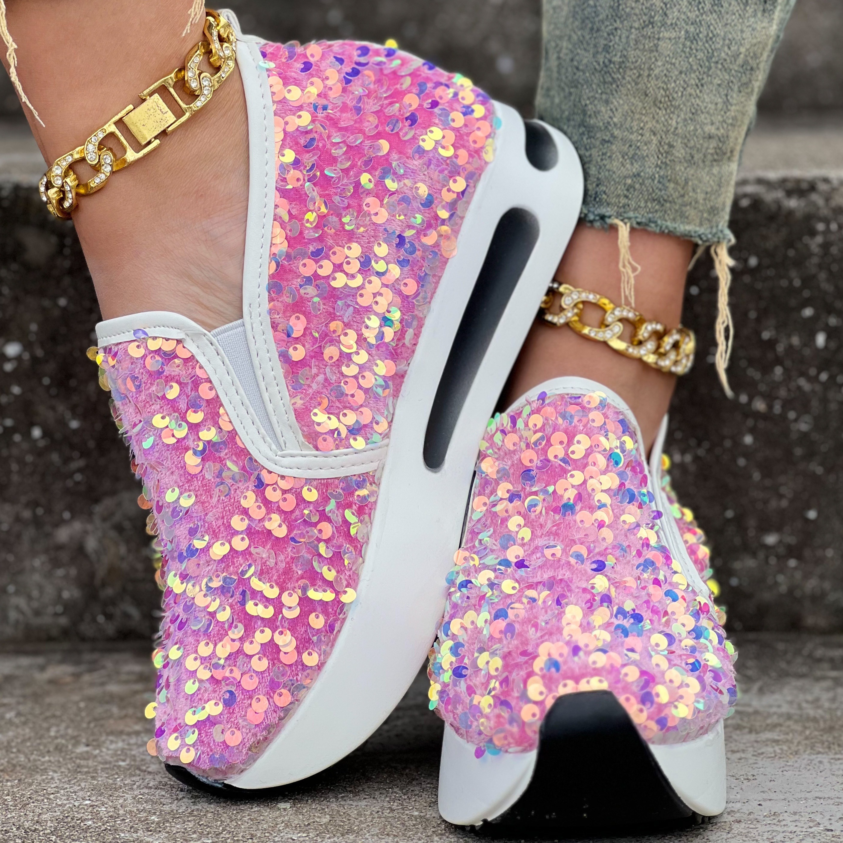 Women's Glitter Sequins Decor Sneakers, Breathable Mesh Inner Wedge Heeled  Shoes, Comfortable Platform Shoes