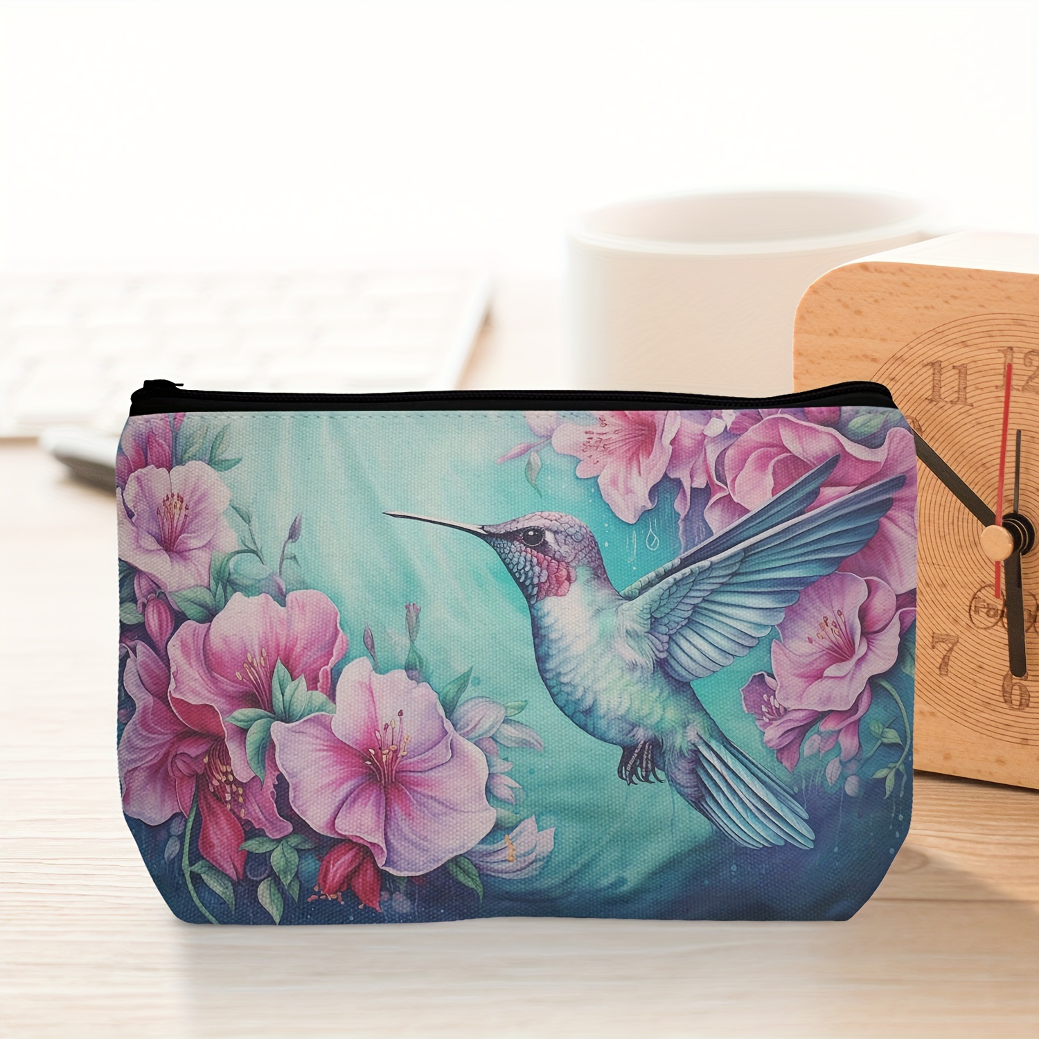 

1pc Purple And Green Flower Hummingbird Makeup Bag, Small Cosmetic Bags, Travel Wash Bag, Toiletry Case Multi Functional Pouch Gifts For Friends
