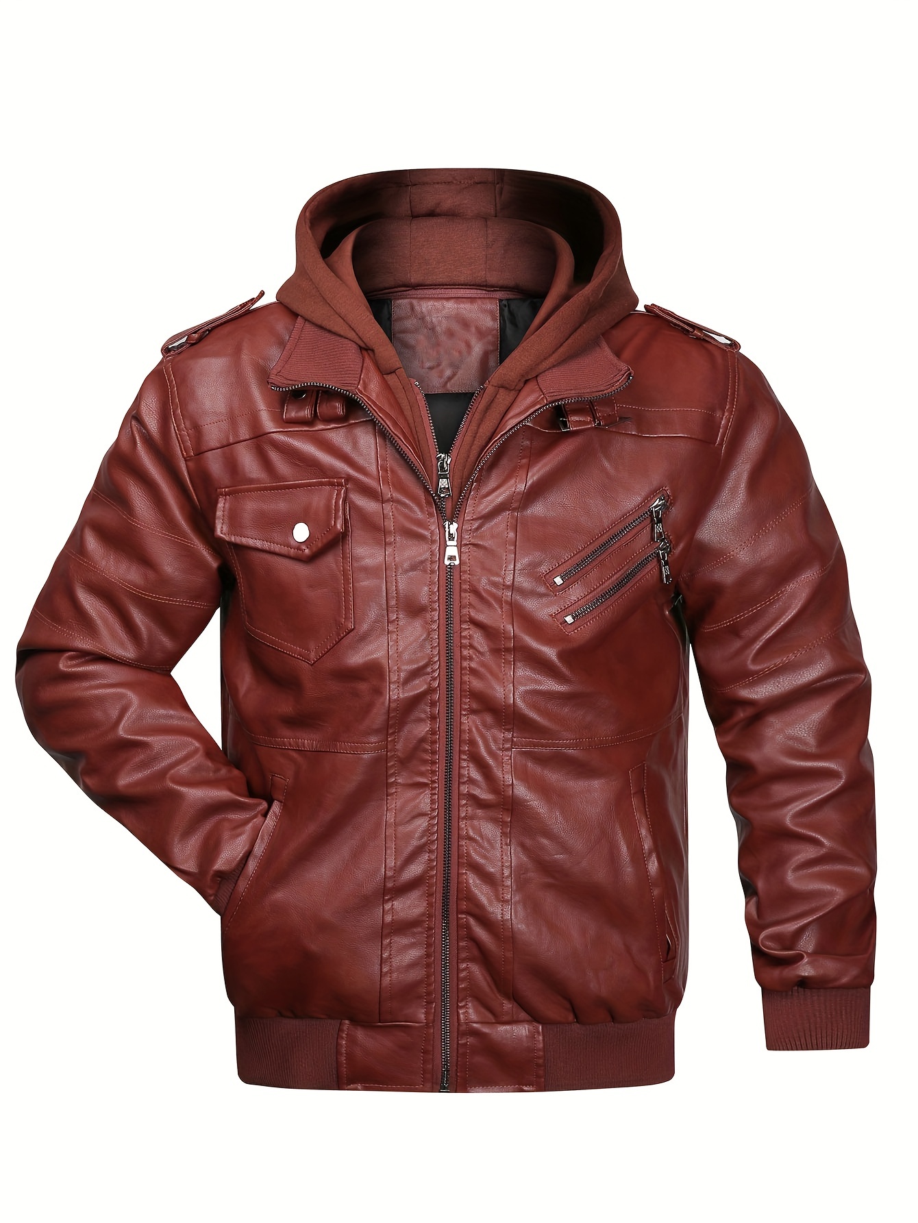 Men's Moto Leather Jacket in Burgundy Red Genuine Leather Jacket Coat | PalaLeather, Burgundy Red / M