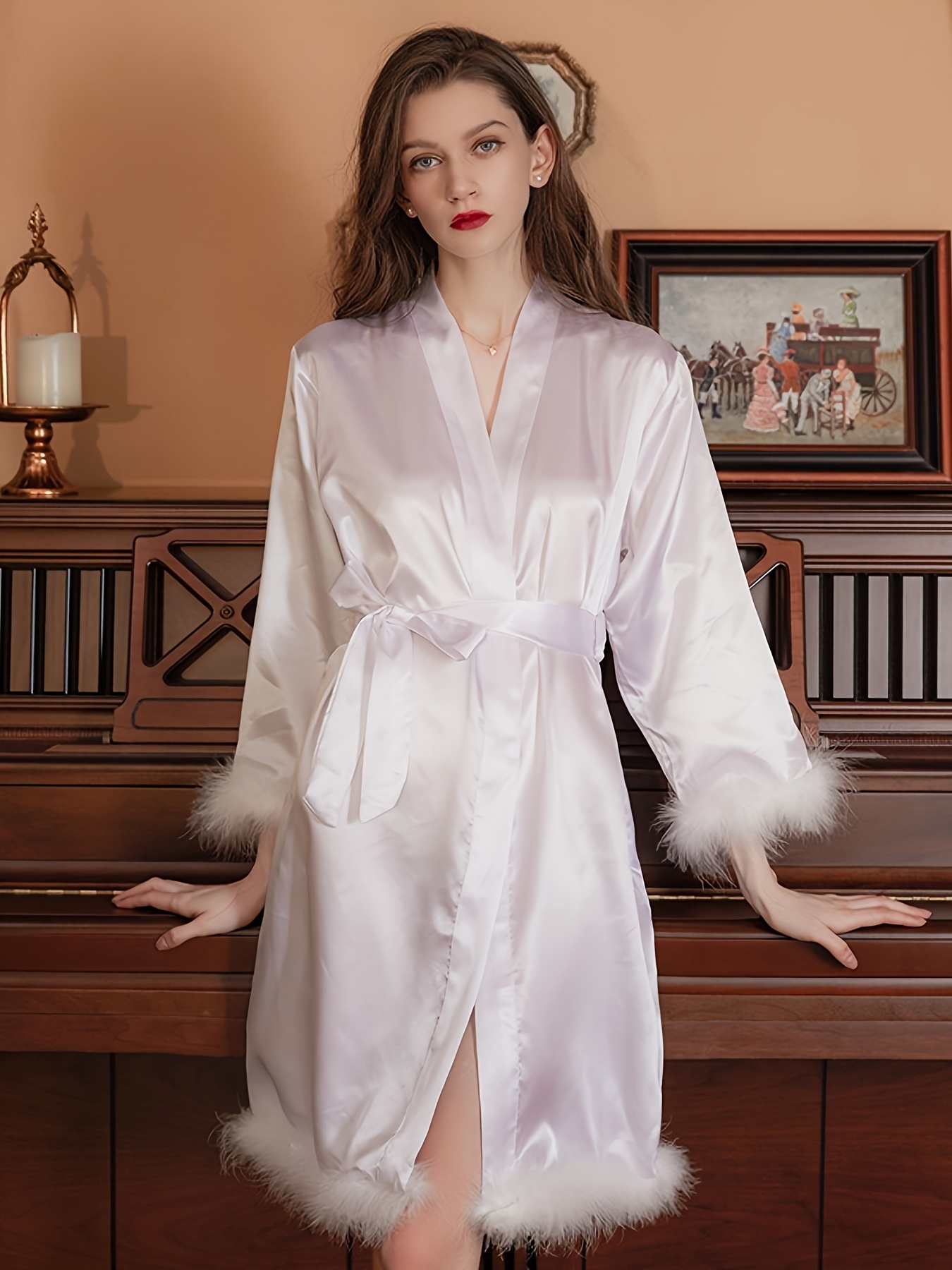 Solid Satin Night Robes Elegant Long Sleeve V Neck Robe Belt - Temu