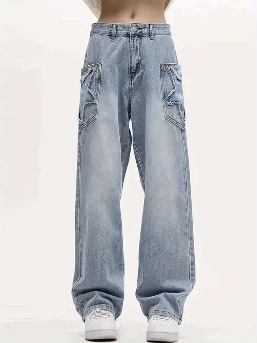 Women's Gothic Punk Jeans, Plus Size Skull Print Washed Blue Slash Pocket  Y2K 90s Baggy Denim Pants