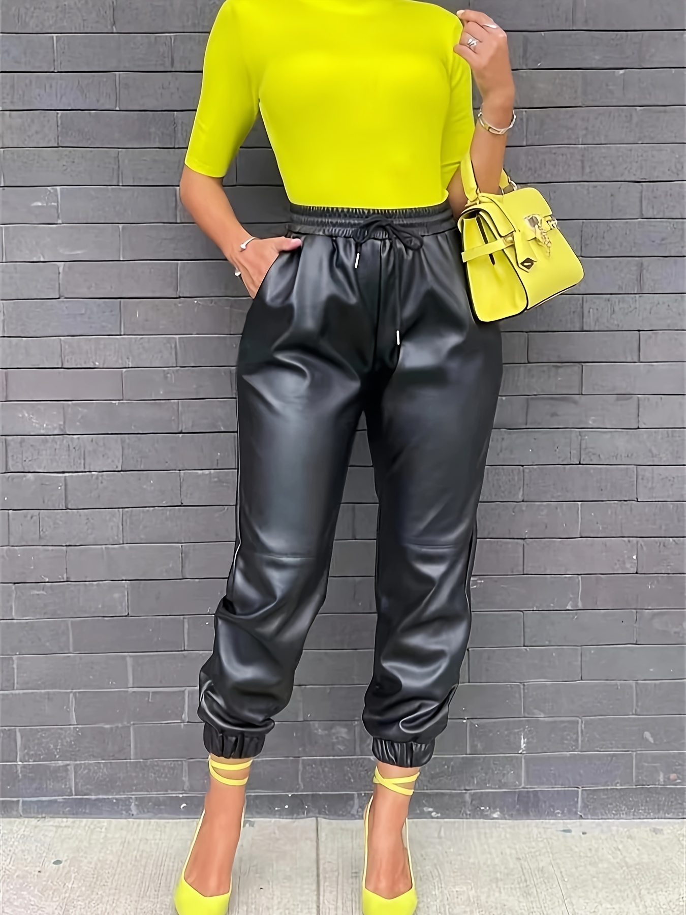 Solid Faux Leather Skinny Pants Casual Every Day Leggings - Temu