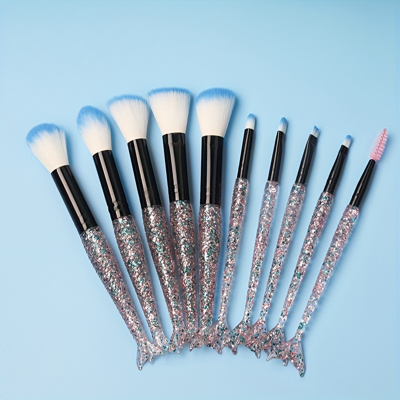 Mermaid Makeup Brush Set 10PCS Crystal Plastic Handle Synthetic Bristles