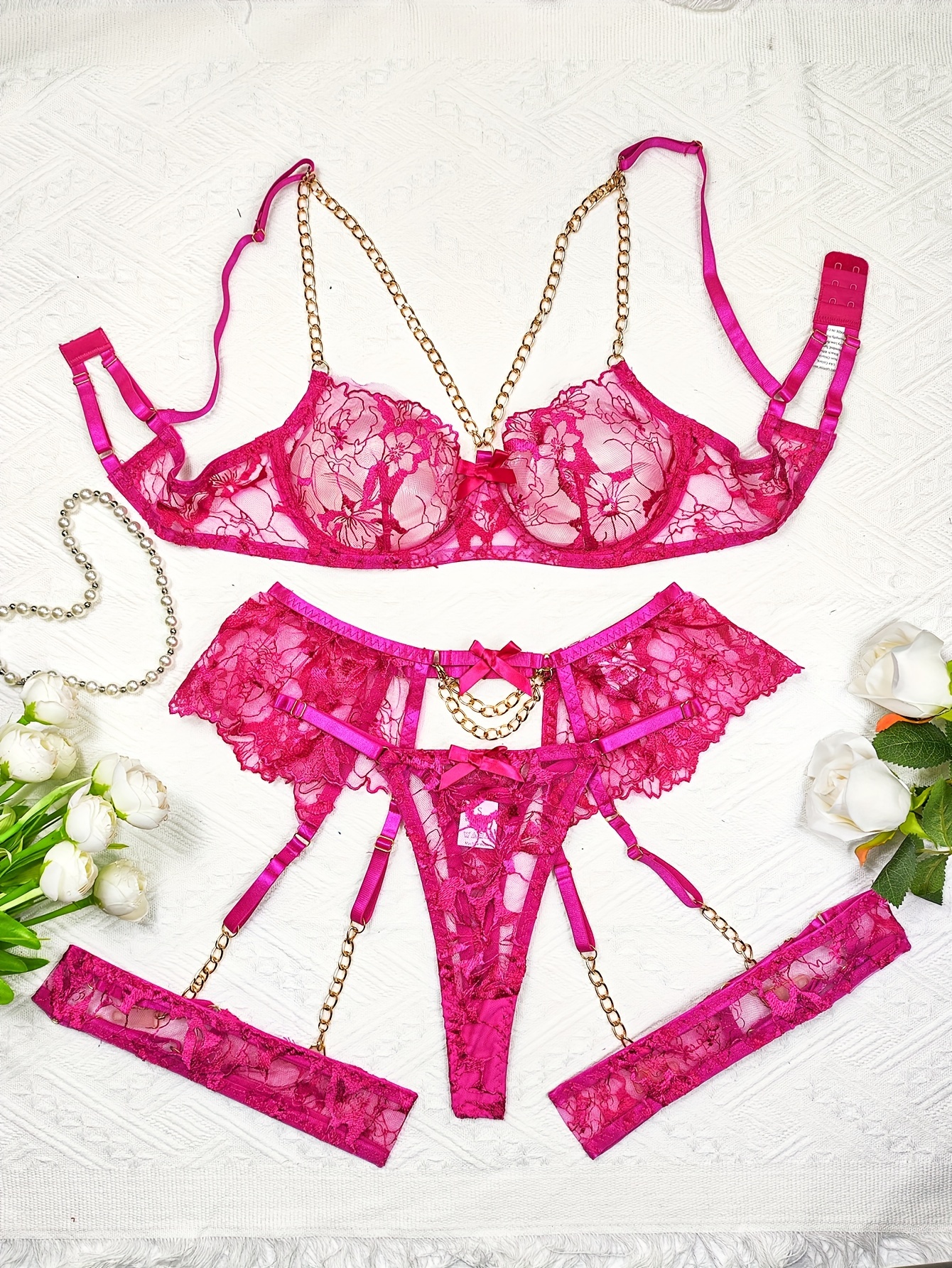 Pink Floral Embroidered Bow Strap Lingerie Set
