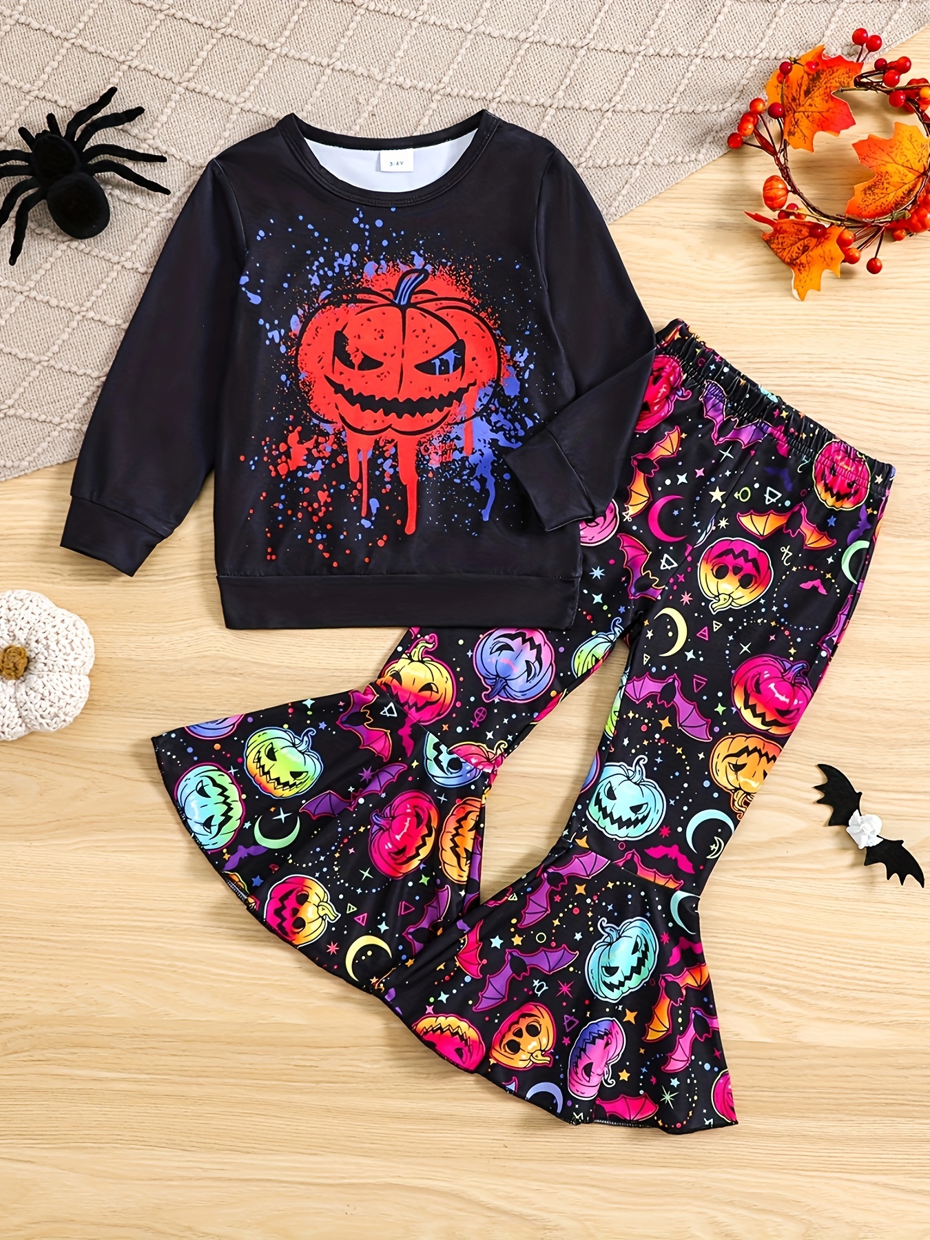 Halloween Girl Print Pullover + Pumpkin Graphic Flare Pants - Temu