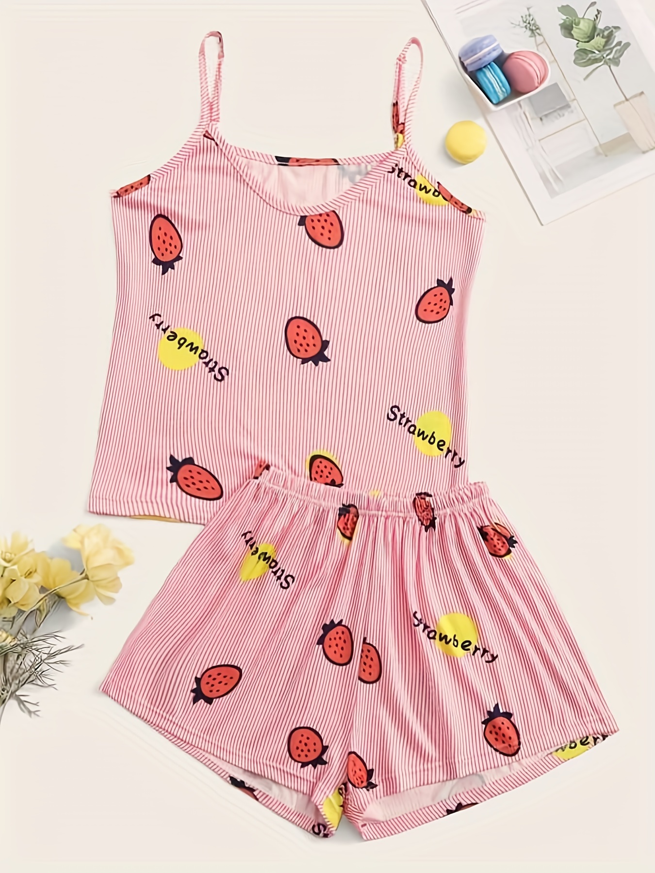 Plus Size Cute Pajama Set, Women's Plus Strawberry & Flower Print Short  Sleeve Round Neck Top & Pants Loungewear Two Piece Set