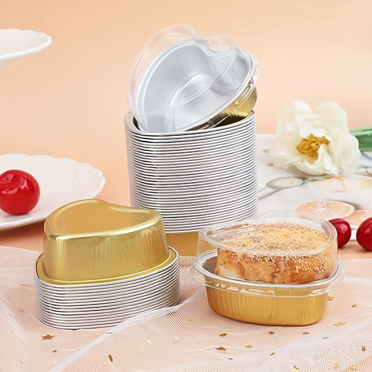 50 Pcs Aluminum Foil Mini Square Baking Cups with Lids,5oz Disposable  Ramekins Cake Pans,Cupcake Baking Cups Containers for Bread Muffin Brownie