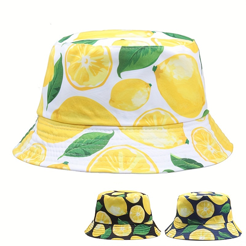 

Lemon Fruit Printed Bucket Hat Color Block Cartoon Basin Hats Lightweight Sunscreen Fisherman Cap For Women Daily Uses Outdoor