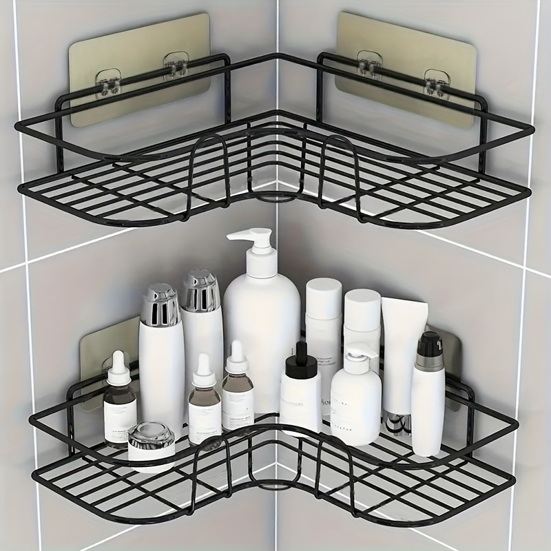 1pc Scaffale Da Bagno Mensola Per Doccia Con Telaio Ad Angolo, Bianco/nero  Treppiede Da Bagno Senza Perforazione Con 2 Adesivi Senza Cuciture Scaffale