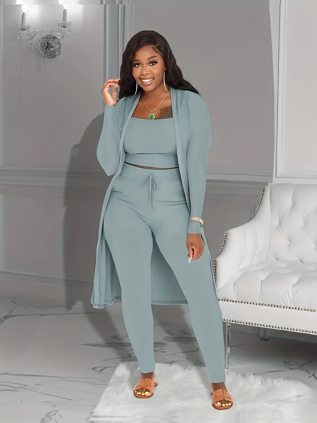 Plus Size Casual Outfits Three Piece Set Women's Plus Solid - Temu