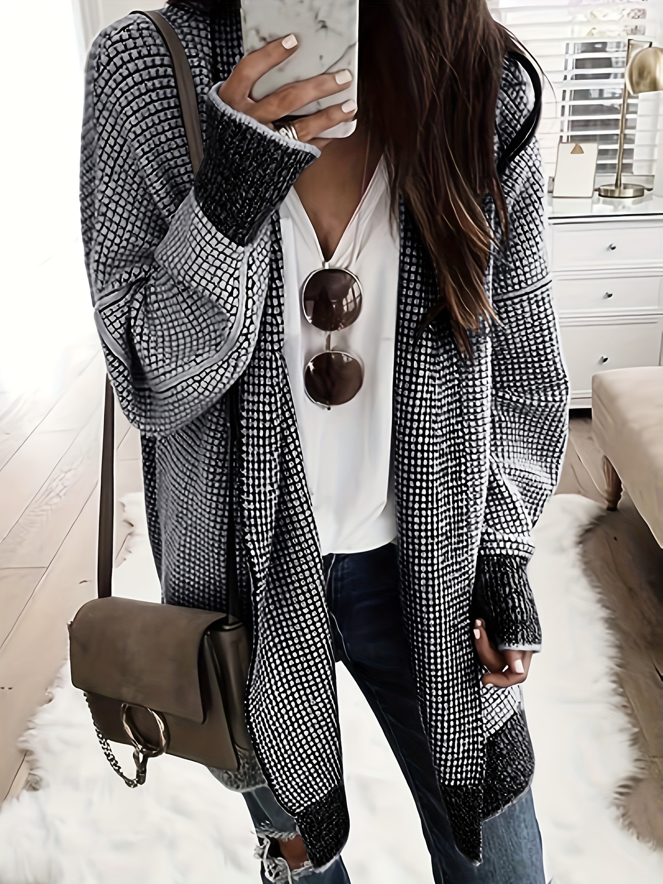 Solid Open Front Cardigan Casual Long Sleeve Drop Shoulder - Temu