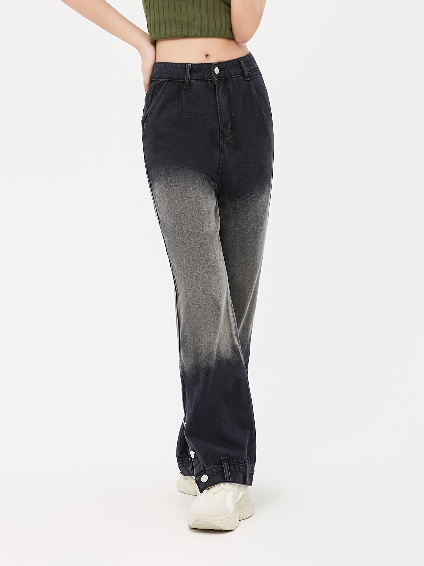 Side Split Jeans for Women Juniors Fashion Y2K Wide Leg High Waist Loose  Slit Jeans Rhinestone Tassel Denim Pants