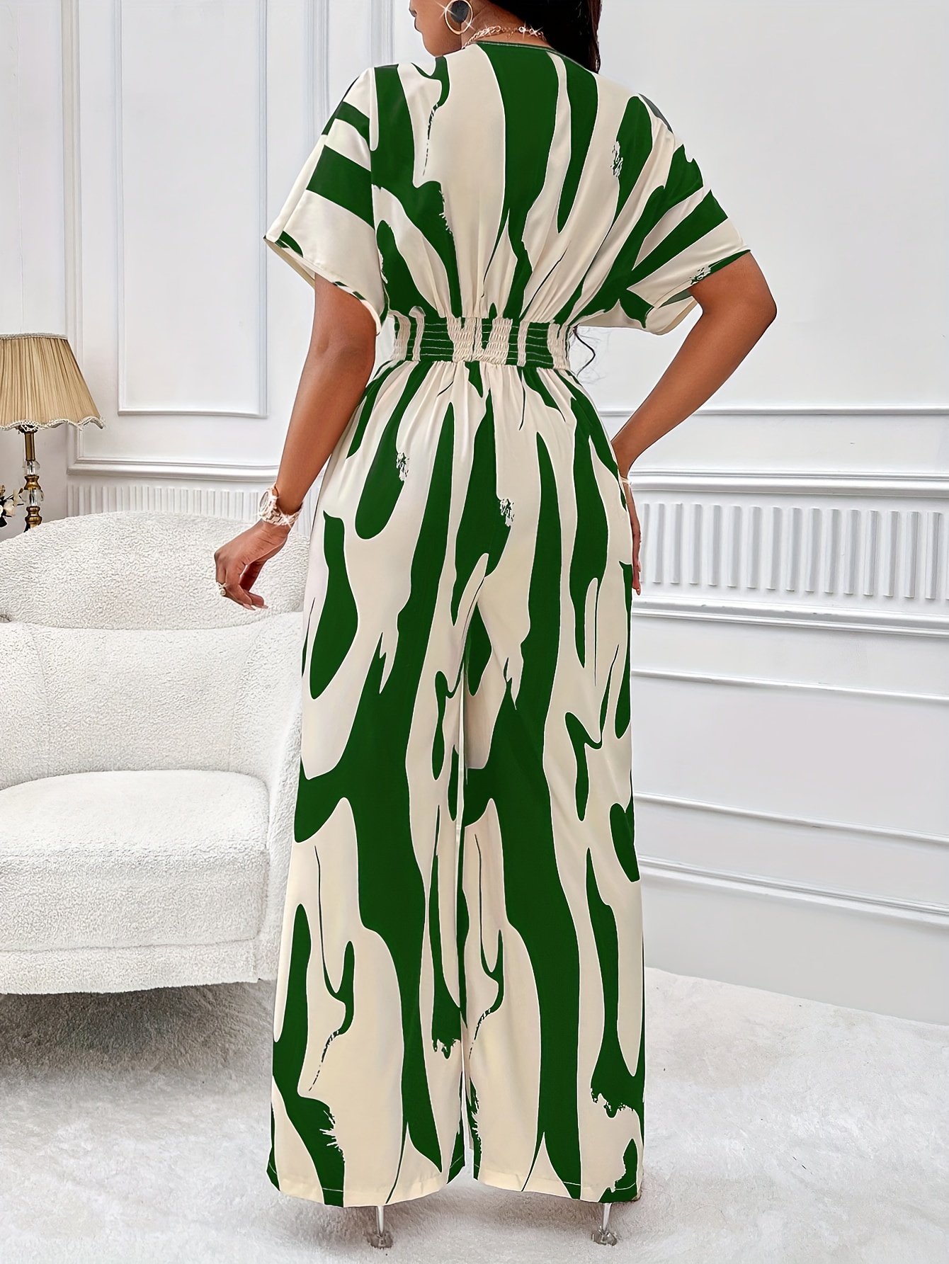 women's elegant geometric print v neck jumpsuit wide leg - Temu