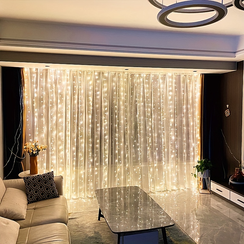 9.8x9.8ft LED Curtain Light, USB or Battery Operated, 8 Mode, Warm