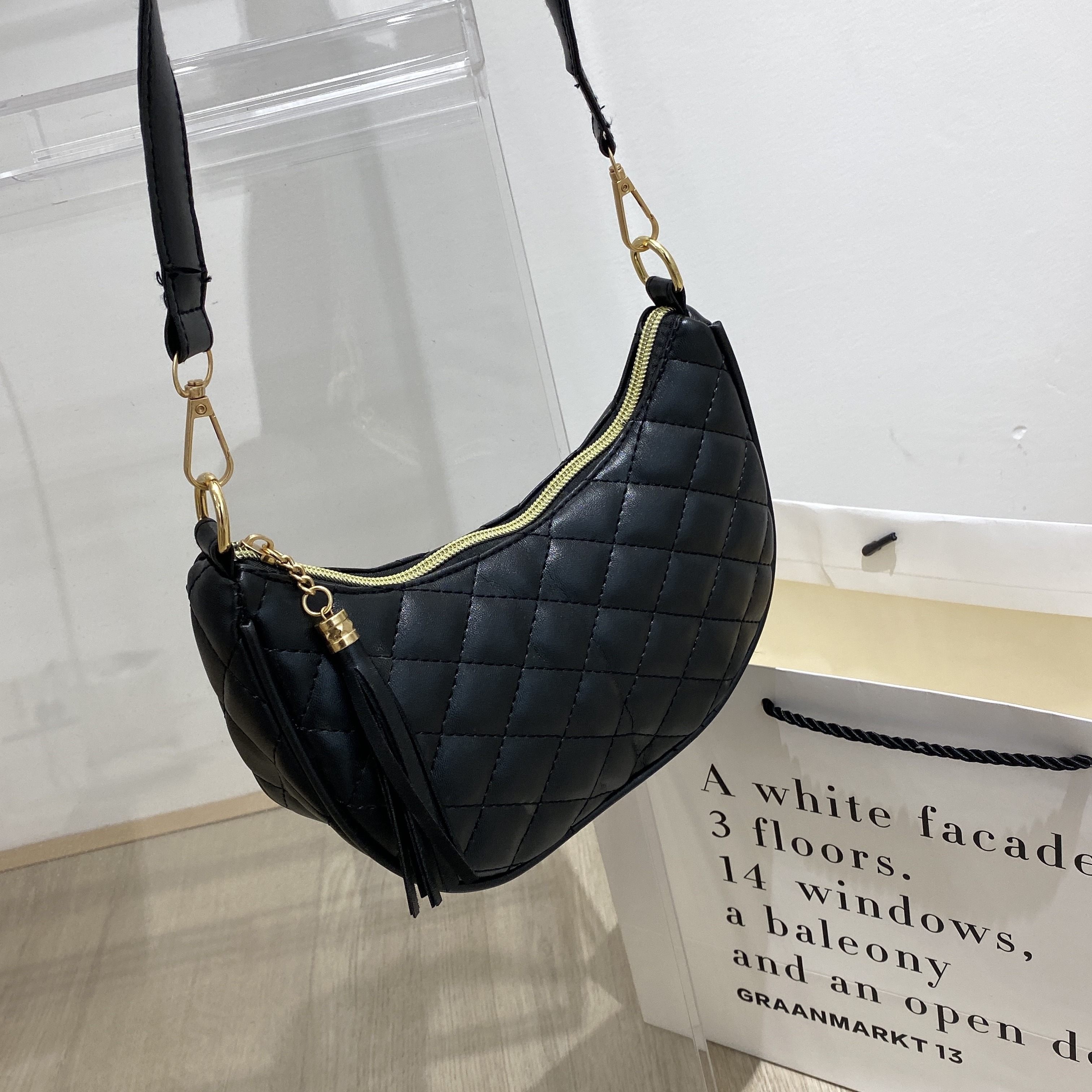 Quilted Hobo Bag Black Elegant Chain Strap