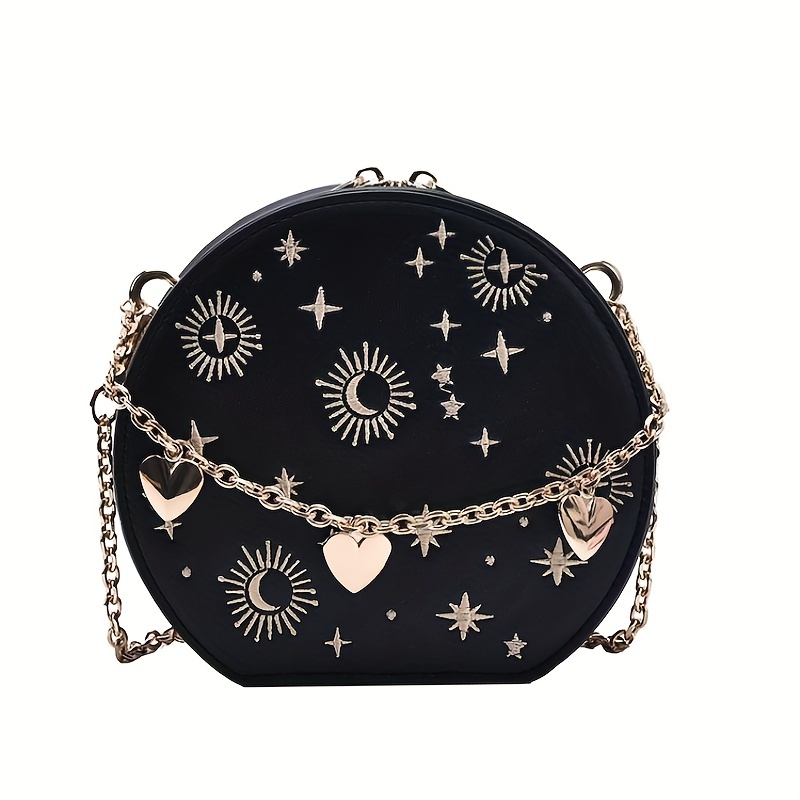 Gothic Round Crossbody Bag Y2K Chain Shoulder Bag Women's Embroidered Circle Purse