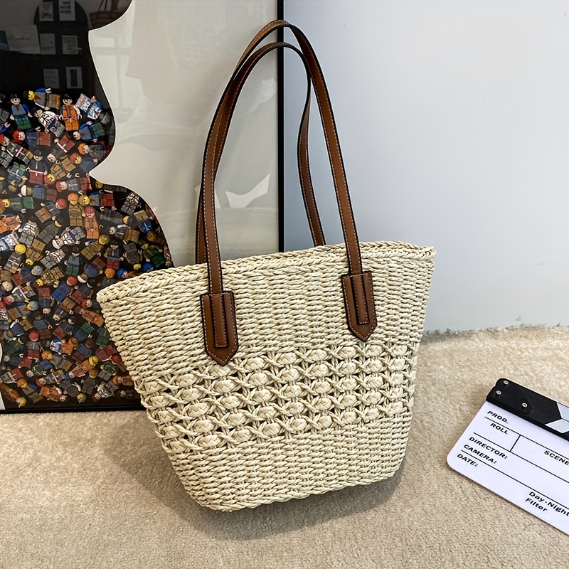 Fashionable Large Capacity Hollow Out Tote Bag, Simple Style Beach Shoulder  Bag For Summer Vacation