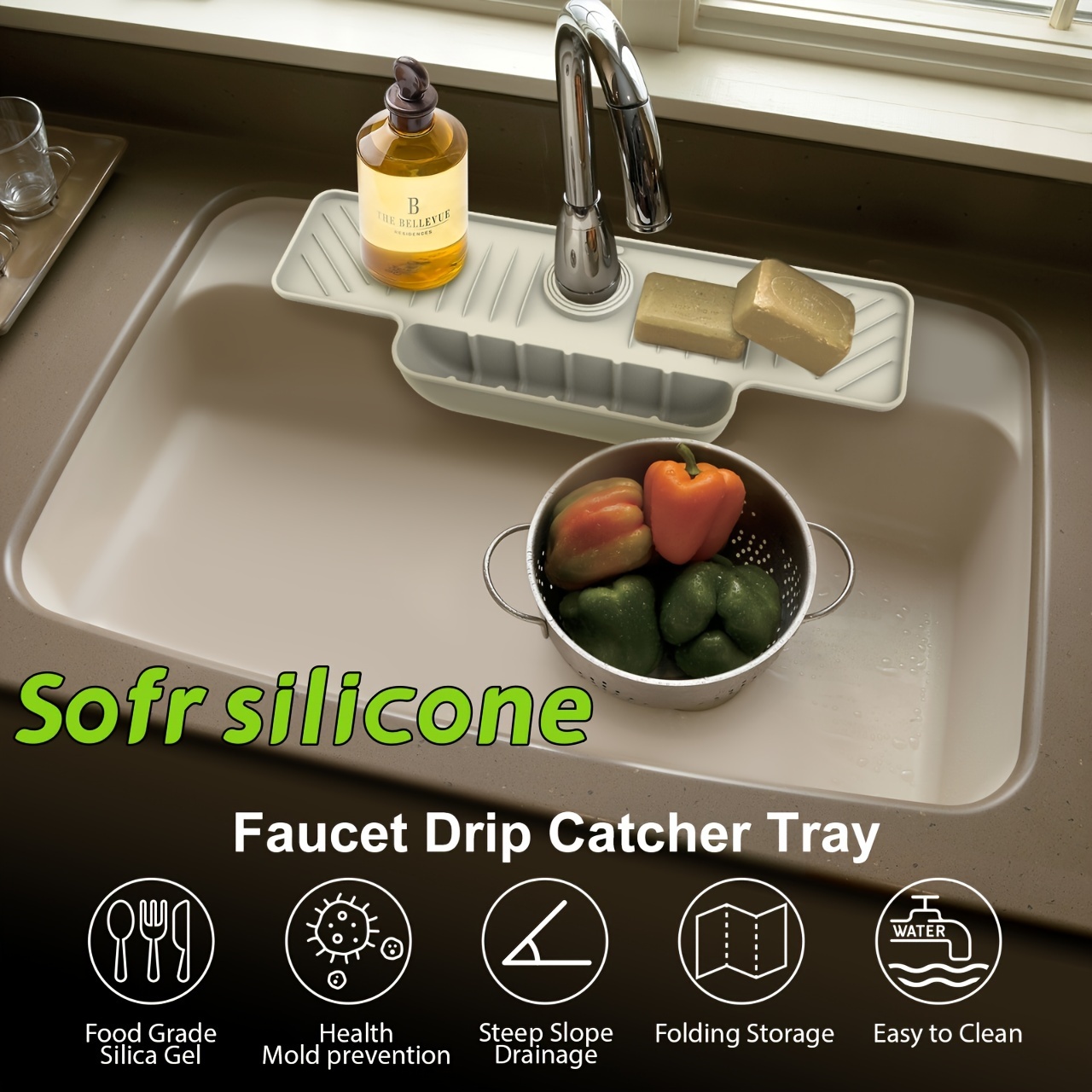 Silicone Sink Faucet Mat for Kitchen Sink, Bathroom Faucet Water Catcher Mat Sink Draining Pad Behind Faucet Drip Protector Splash Countertop