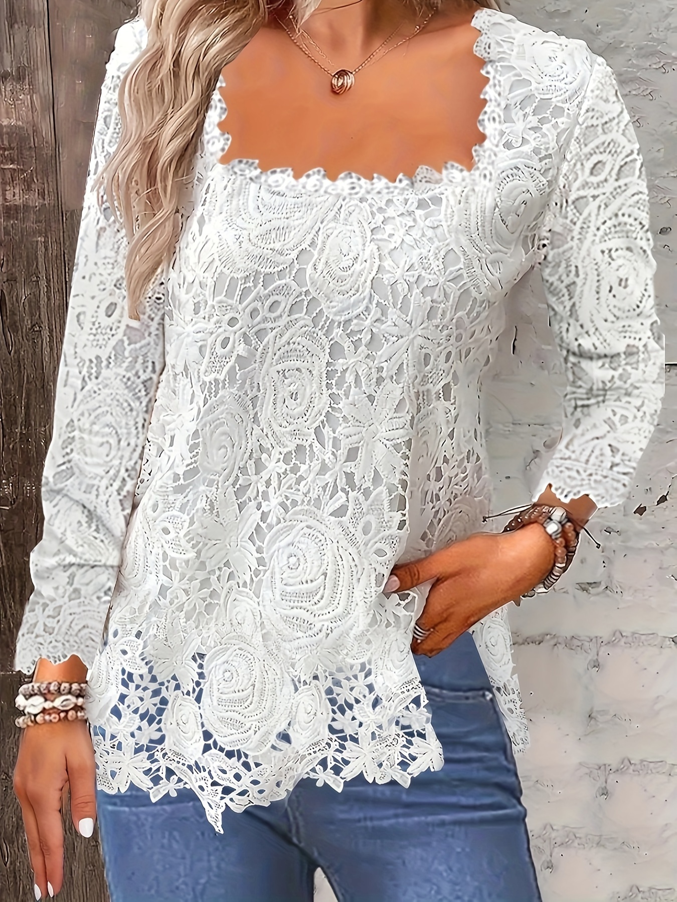 White Lace Square Neck Long Sleeve Top