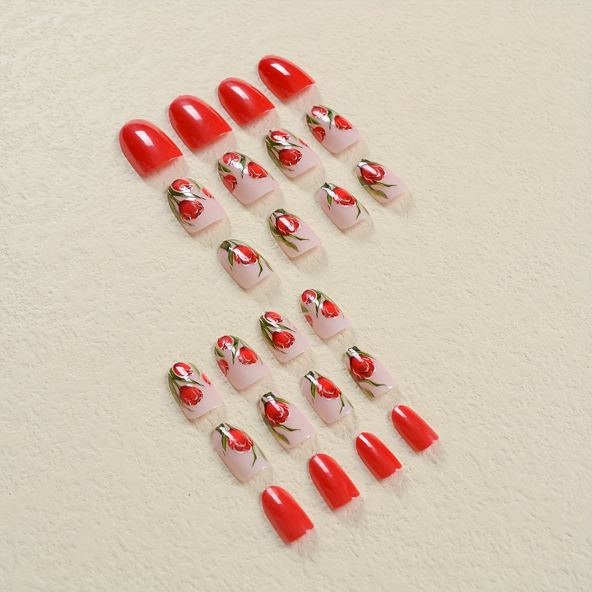 24pcs valentines day press on nails medium long almond press on nails red false nails red rose pattern full cover fake nail kit for women girls spring nail decor details 1