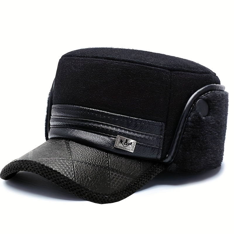 Black Plaid Fashionable 1pc Baseball Baseball Hat, Dad Hats, Men's Plush Thick Flat Top Skiing Sports Ear Protection Hat,Temu