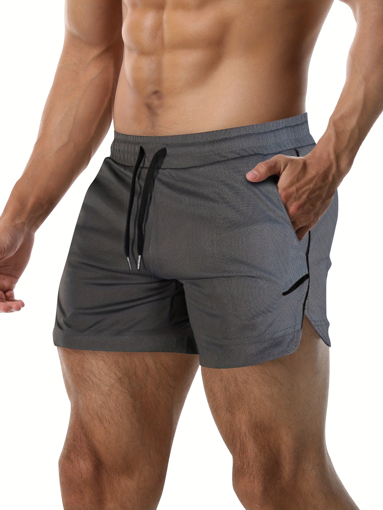 Quick Drying Comfy Shorts, Men's Casual Zipper Pockets Slightly Stretch  Waist Drawstring Shorts For Summer Gym Workout Training