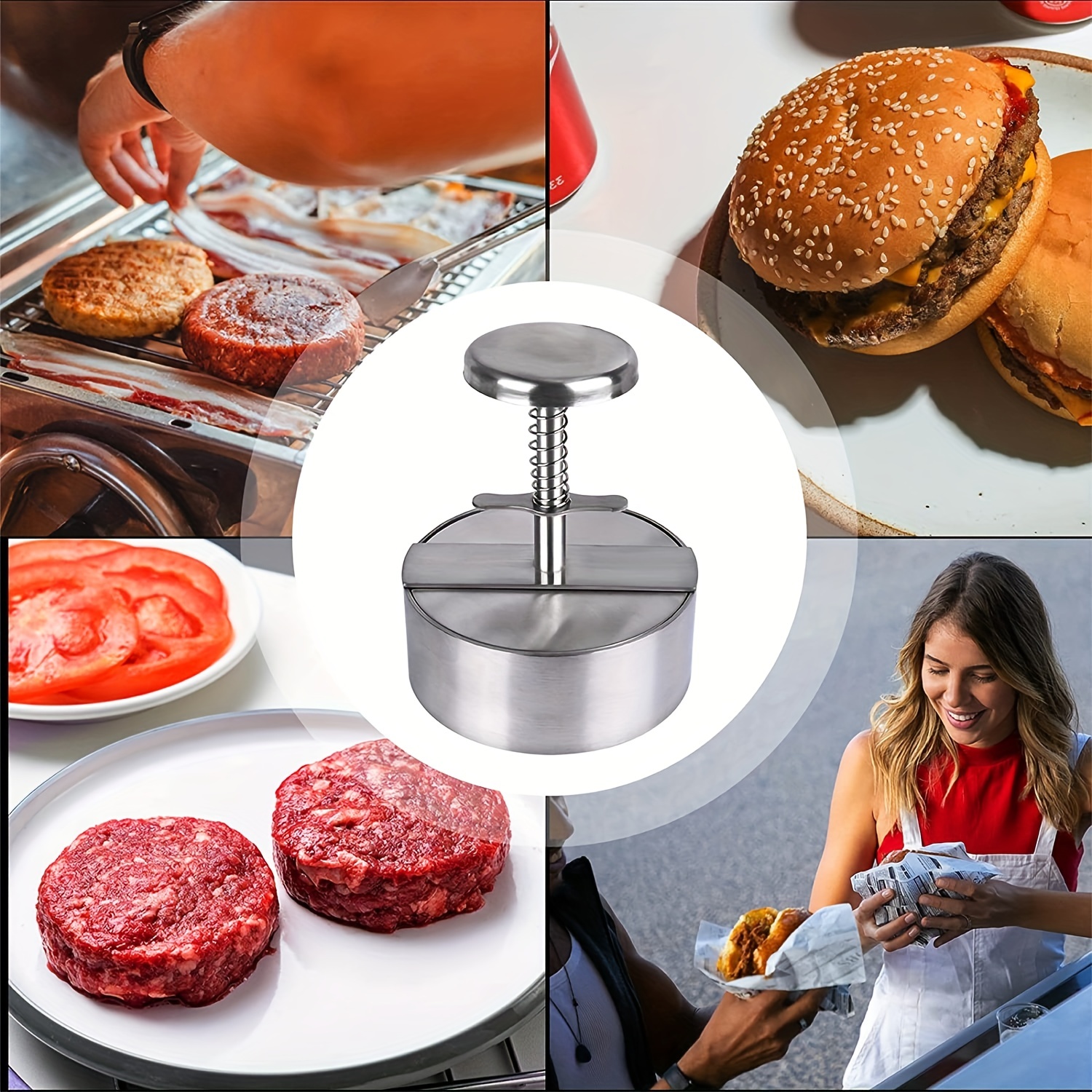 Stainless Burger Press Meat Smasher Hamburger Steak No-Rust for Griddle BBQ