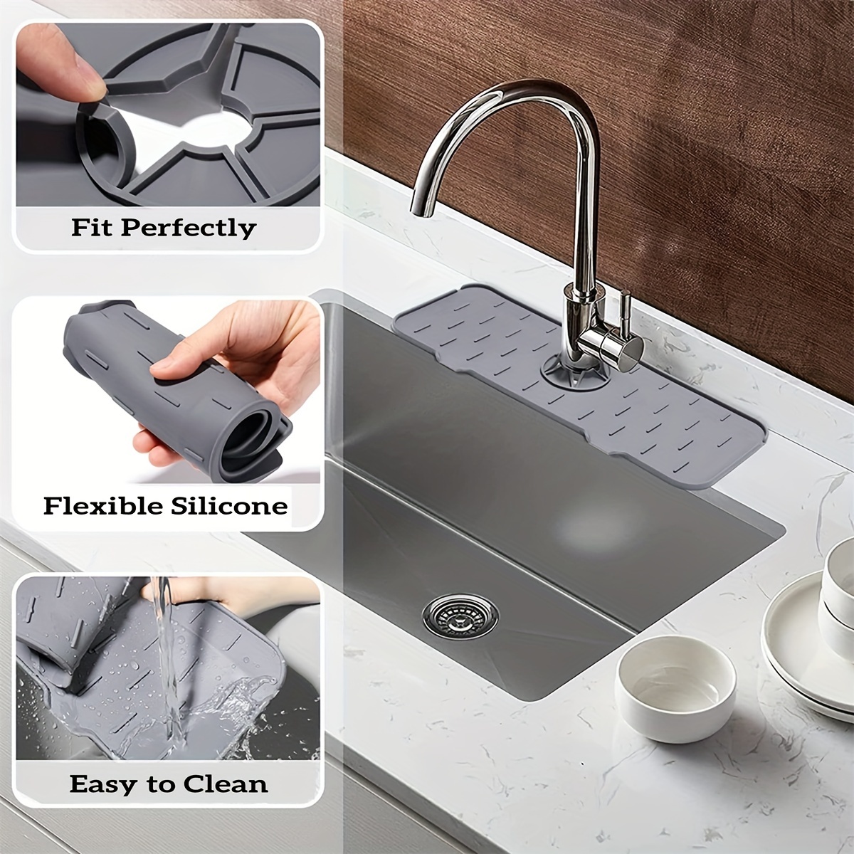 Kitchen Faucet Sink Splash Guard, Silicone Faucet Water Catcher Mat Sink  Draining Pad Behind Faucet, Grey Rubber Drying Mat for Kitchen & Bathroom