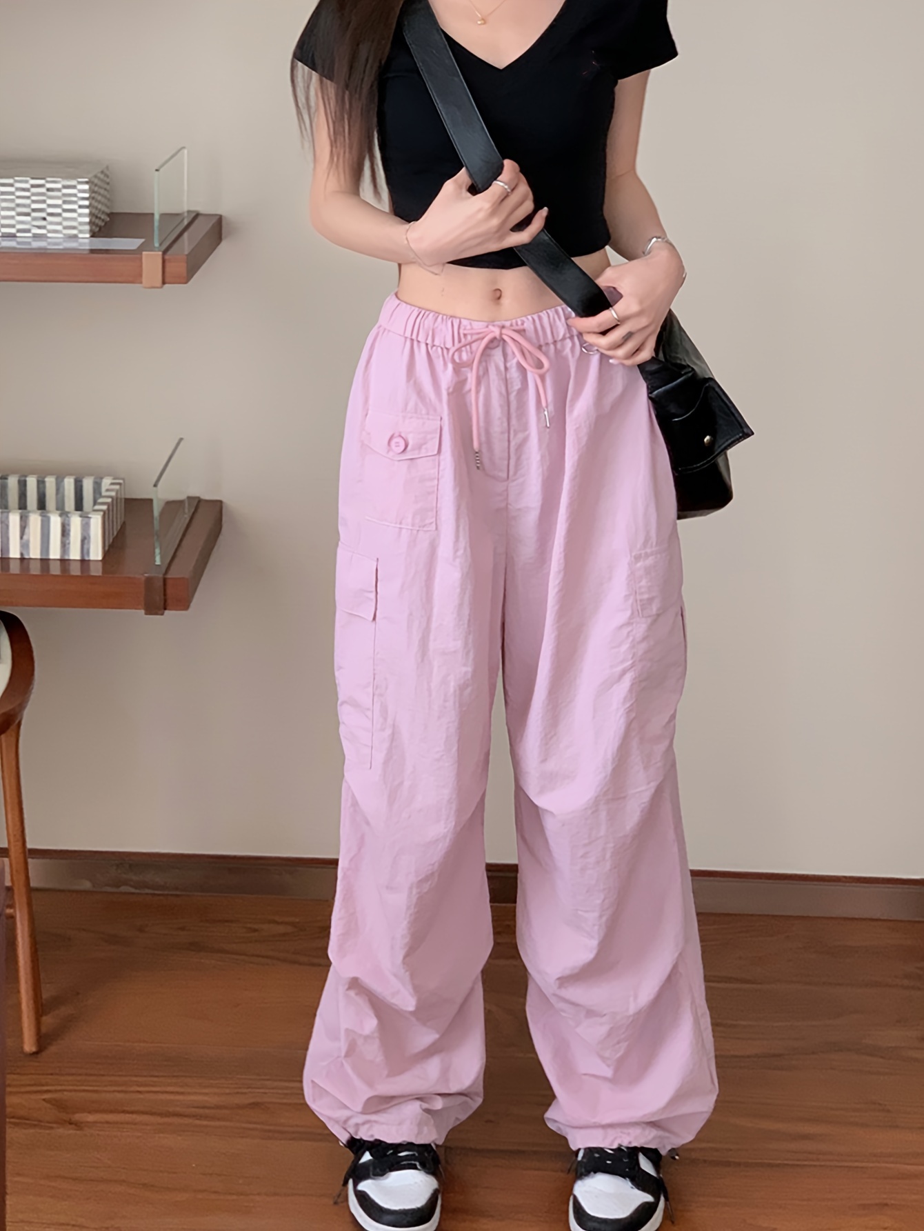 Solid Color Wide Leg Cargo Pants Casual Flap Pockets Loose - Temu